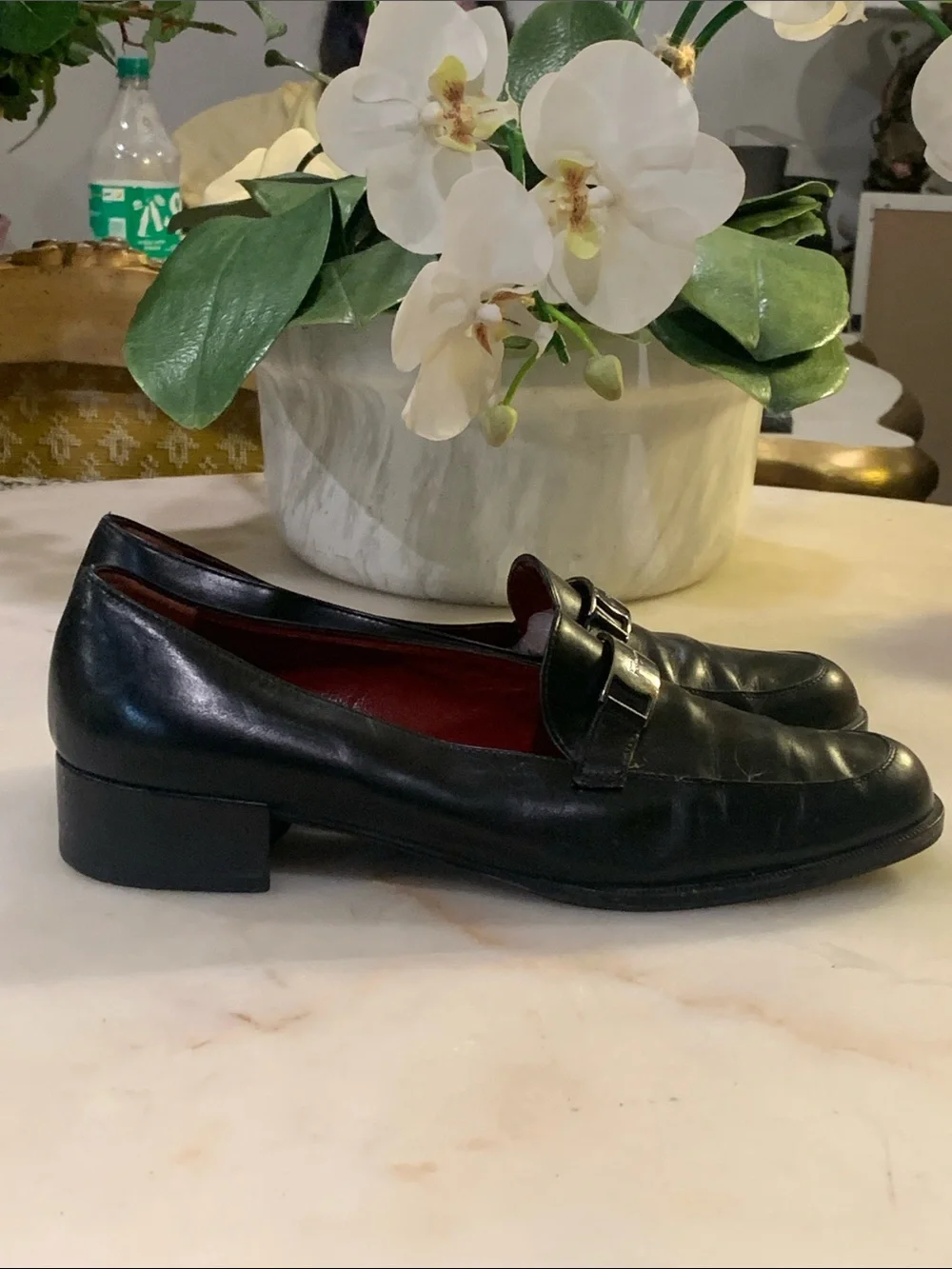Salvatore Ferragamo Black Leather Loafers with Silver Buckle
